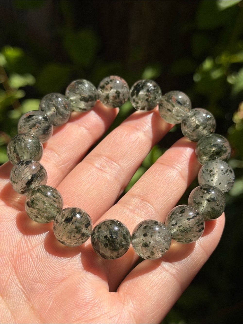 12.5mm Clear Green Tourmalinated‎ Quartz Beaded Stretch Bracelet 1936